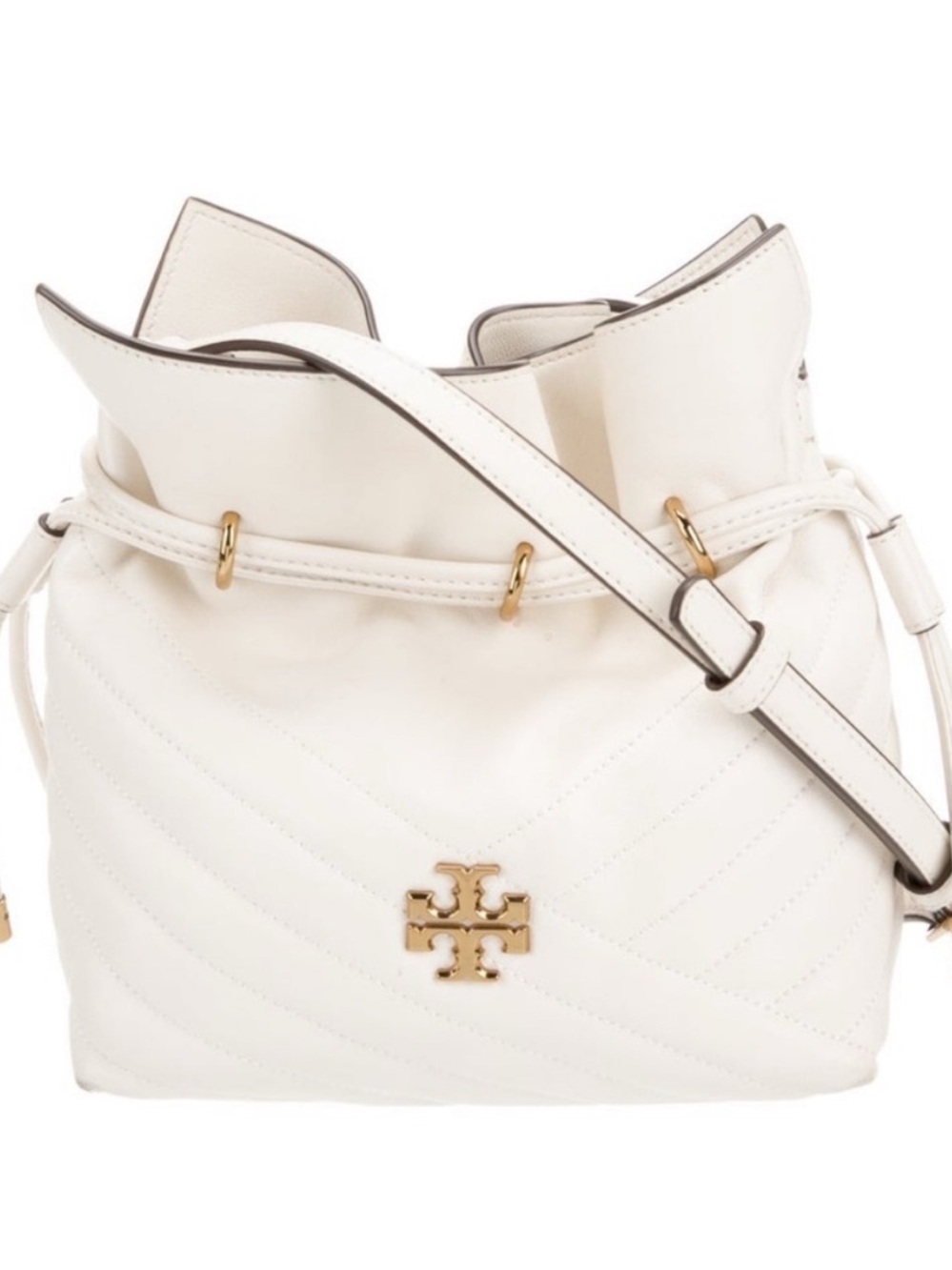 Tory Burch Kira Cream Quilted Leather Drawstring Bucket Shoulder Bag